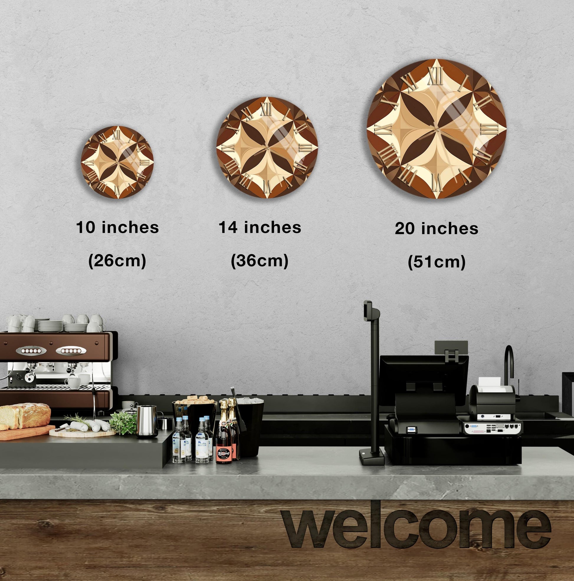 a counter in a restaurant with a welcome sign, and three wall clocks of different sizes are displayed above the counter.