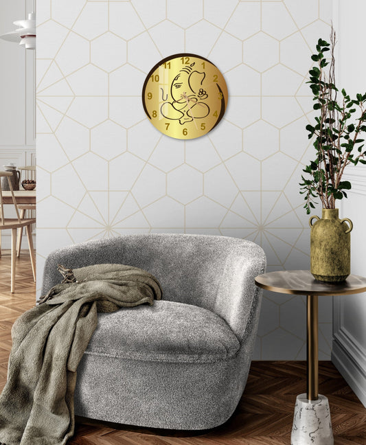 a living room with a chair and a clock on the wall