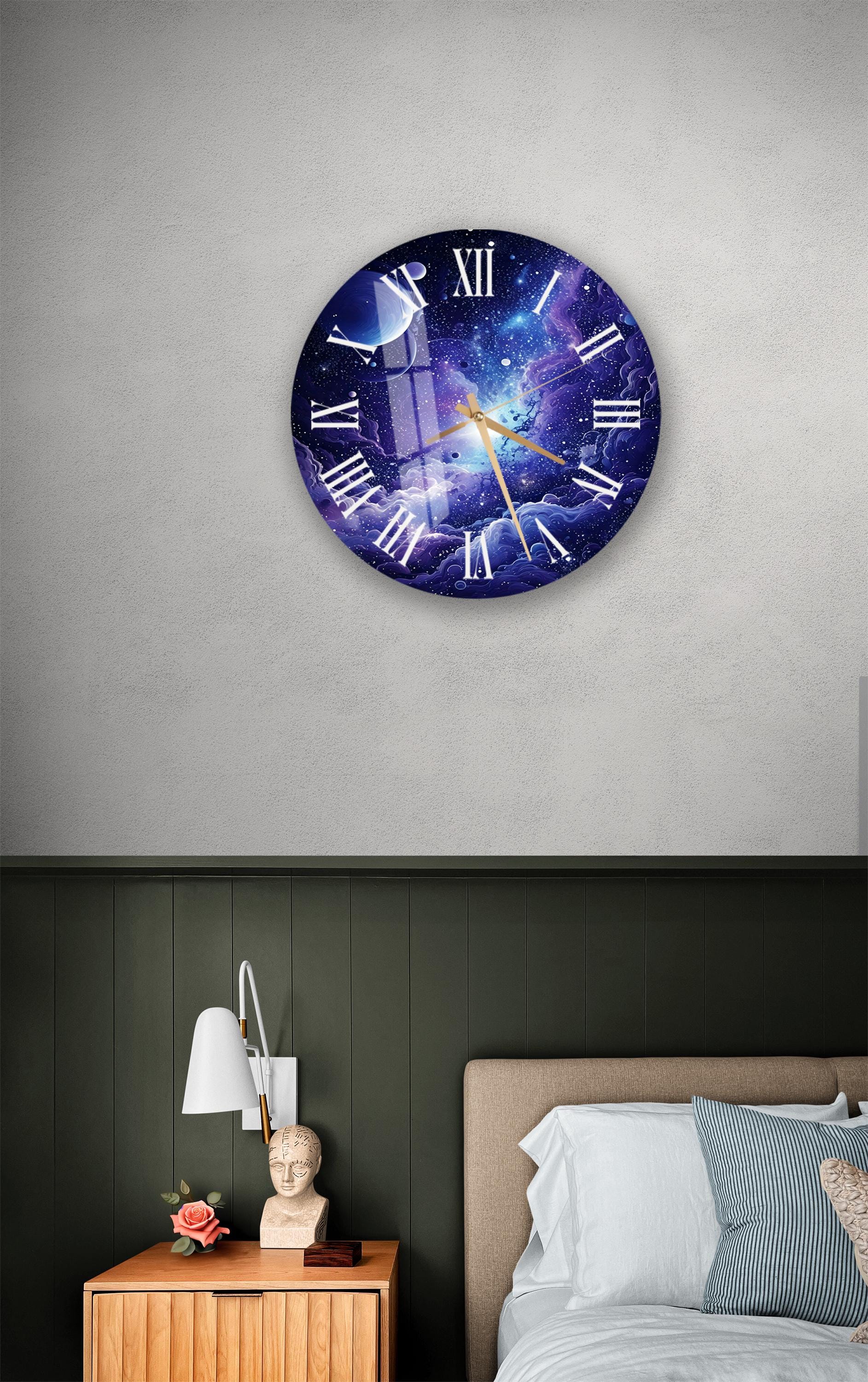 a bedroom with a bed and a large clock on the wall