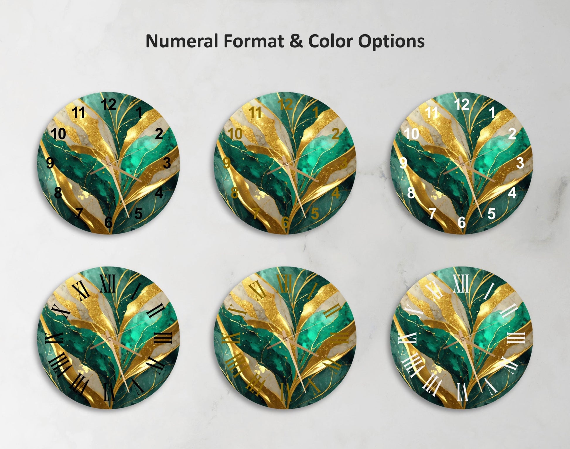 a set of four green and gold clock faces