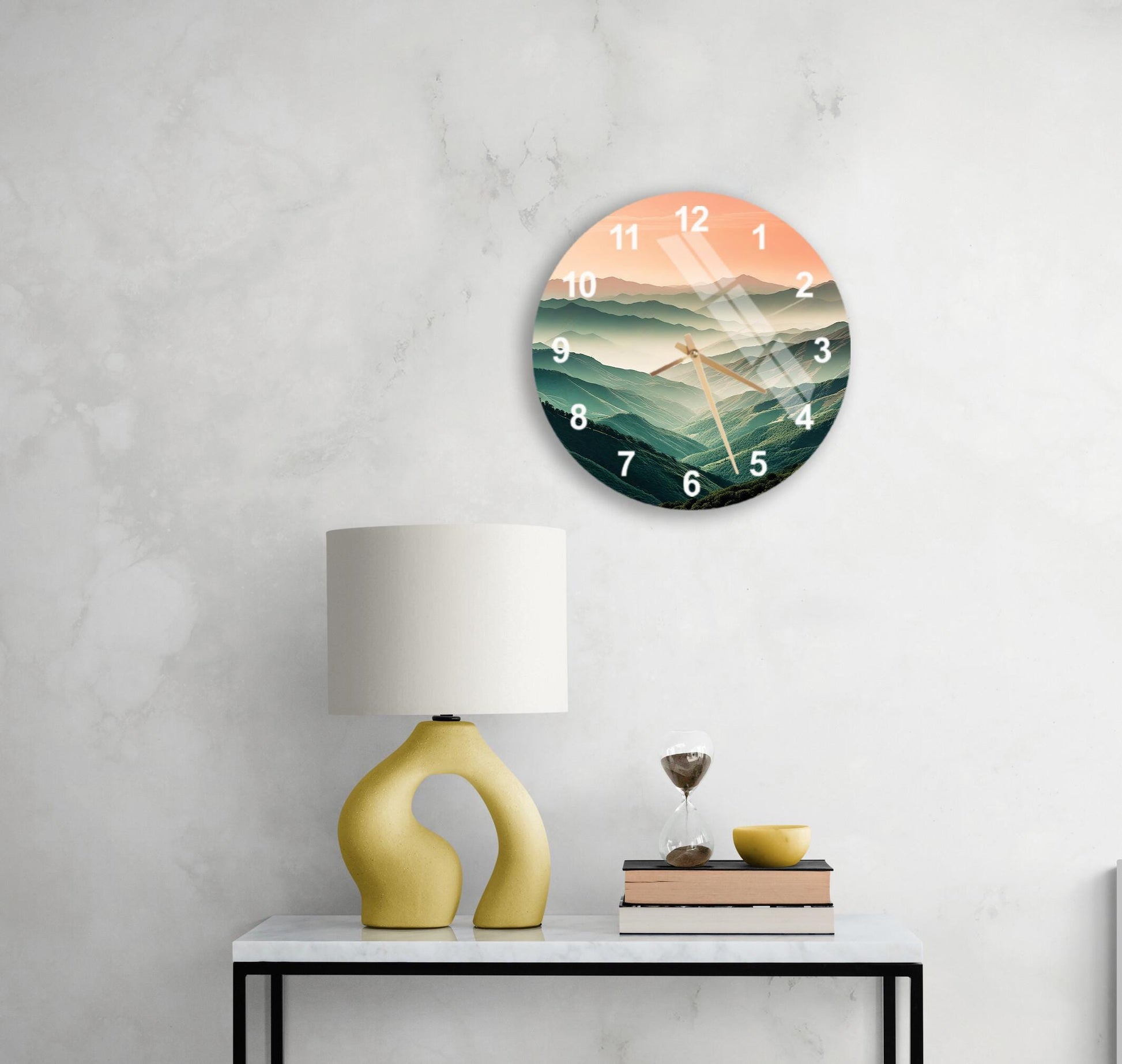a table with a lamp and a clock on it