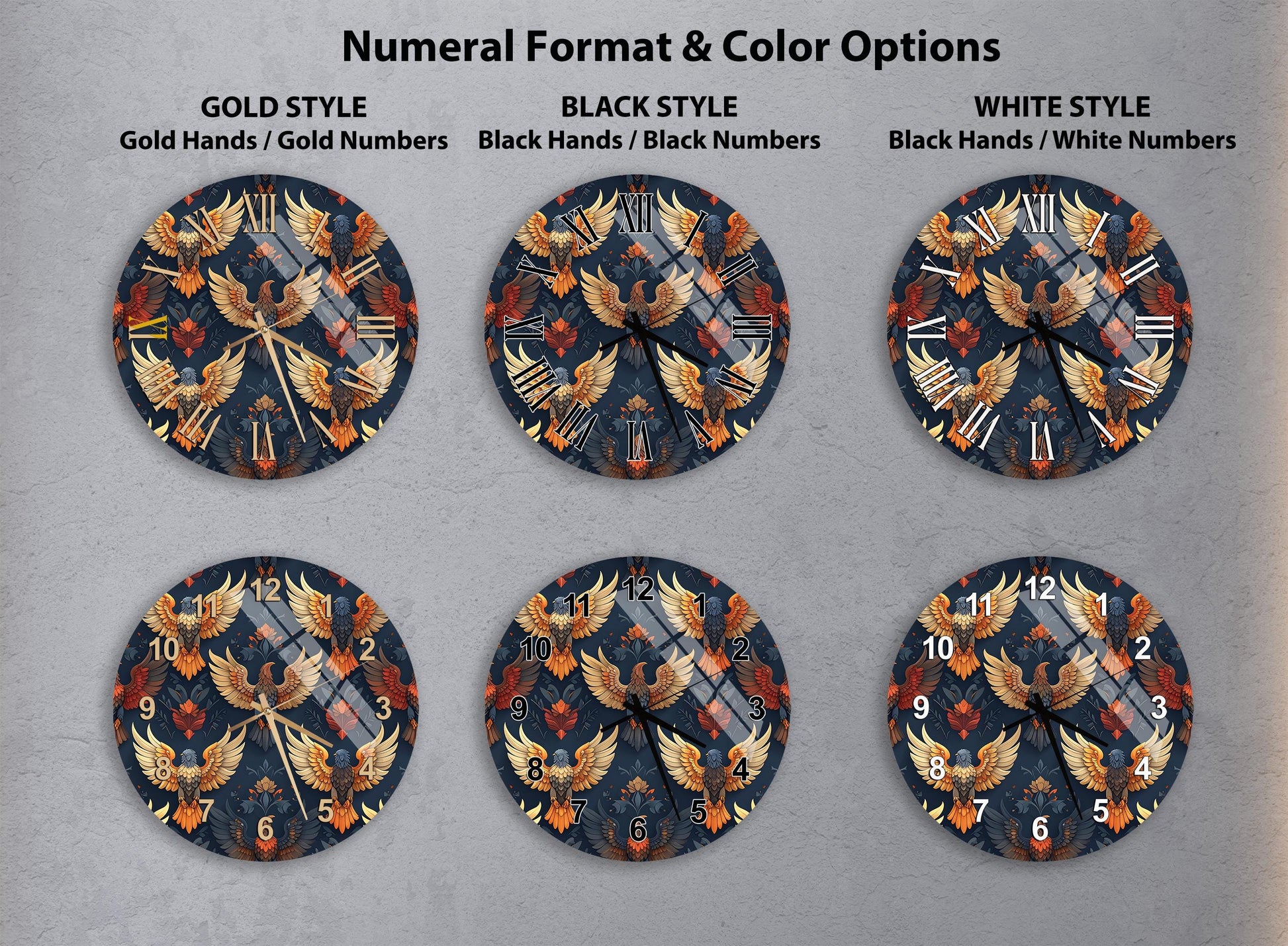 a collection of six clock faces with different styles and color options, including gold hands, black hands, black numbers, and white numbers.
