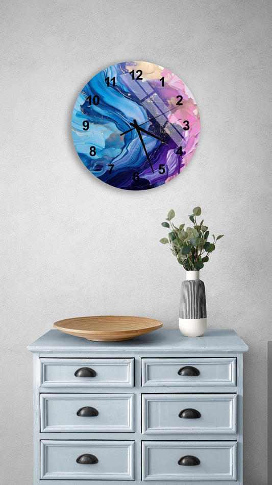 Abstract Glass Wall Clock – Colorful Tempered Glass Clock, Modern Living Room Decor