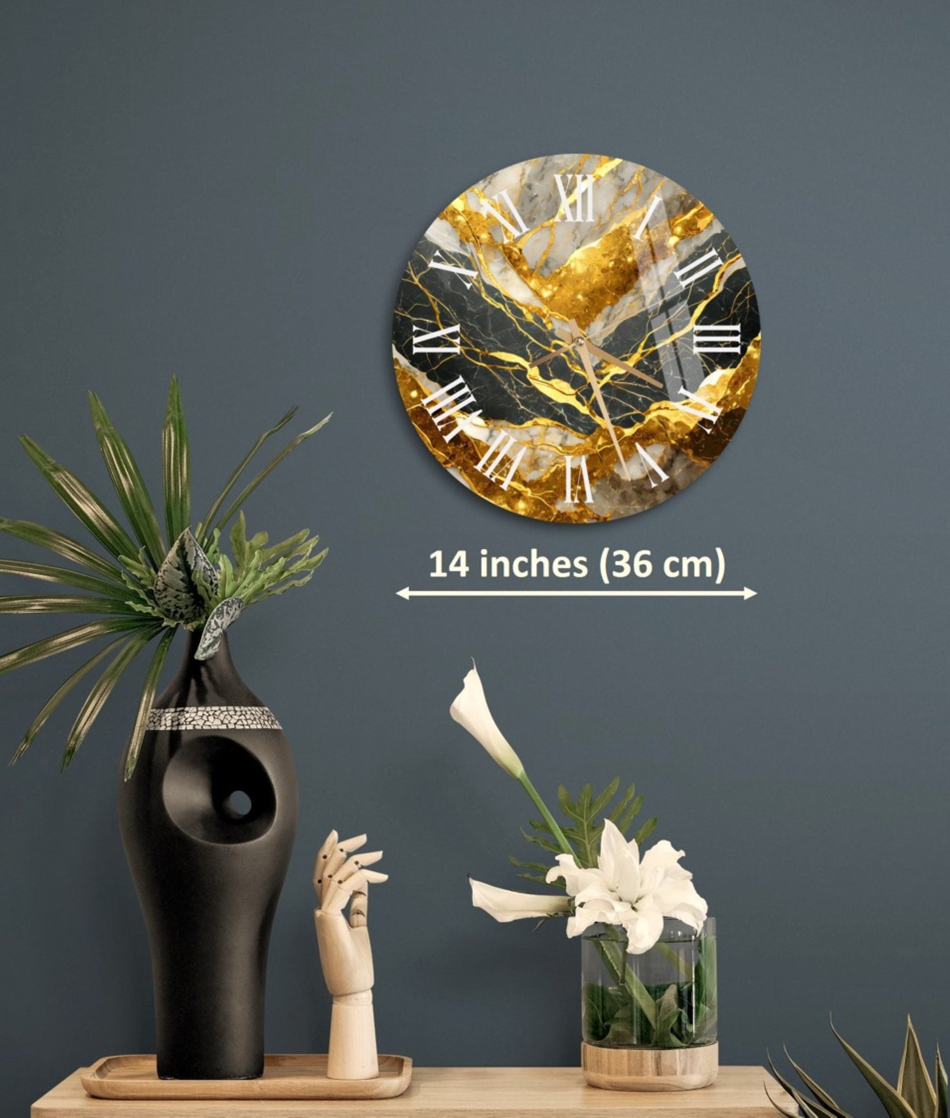 a clock on a wall next to a vase with flowers