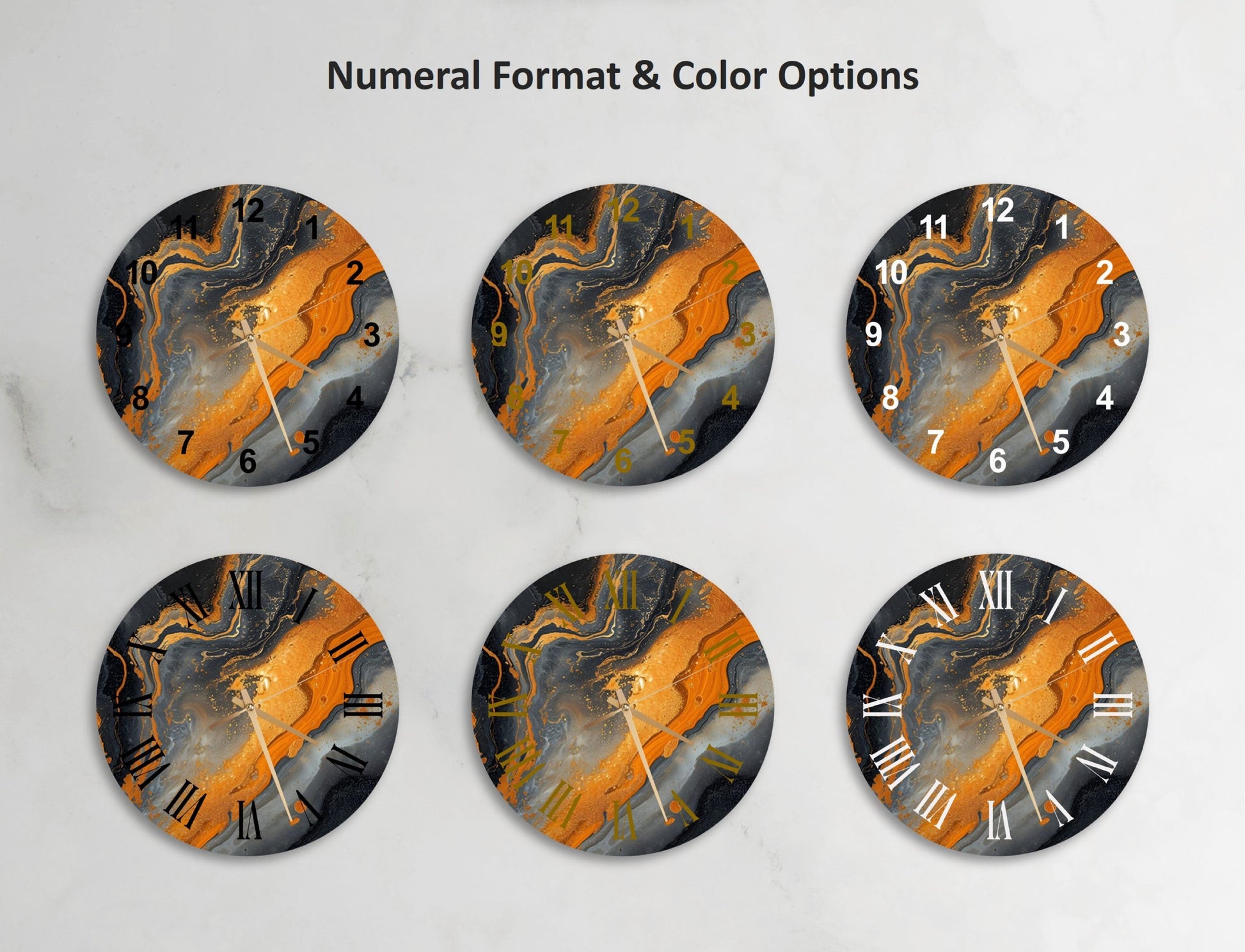 a set of four clocks with different designs on them
