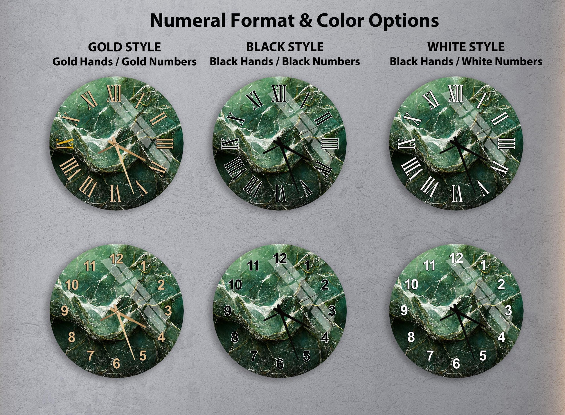 a collection of six clock faces with different styles and color options, including gold hands, black hands, black numbers, and white numbers.
