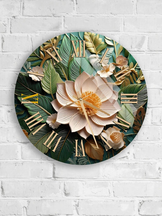 A round wall clock with a floral design featuring a large pink flower surrounded by green leaves and gold accents.