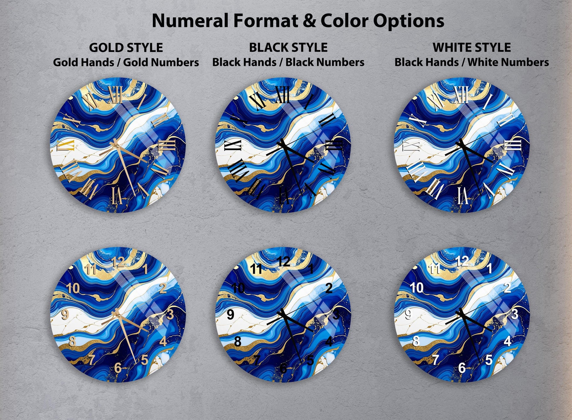 six round wall clocks with different styles and color options, including gold hands, gold numbers, black hands, black numbers, white hands, and black numbers.