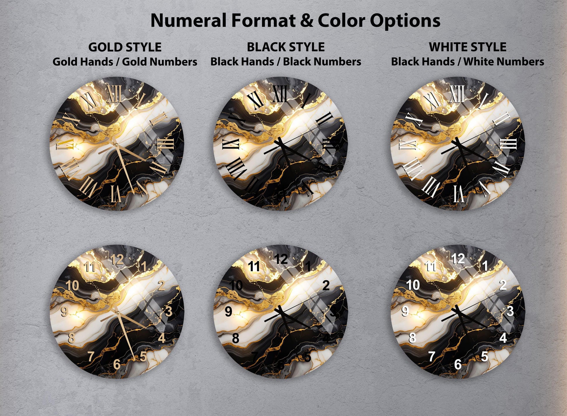 six different clock designs with varying styles and color options.
