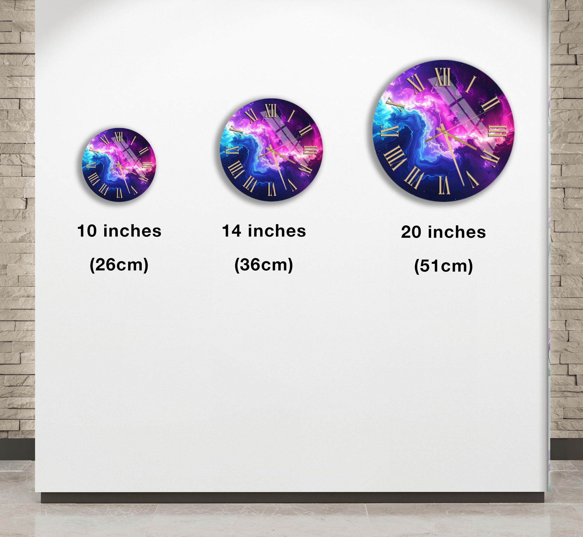 three different clock designs, each with a unique size and color scheme, displayed on a white wall.