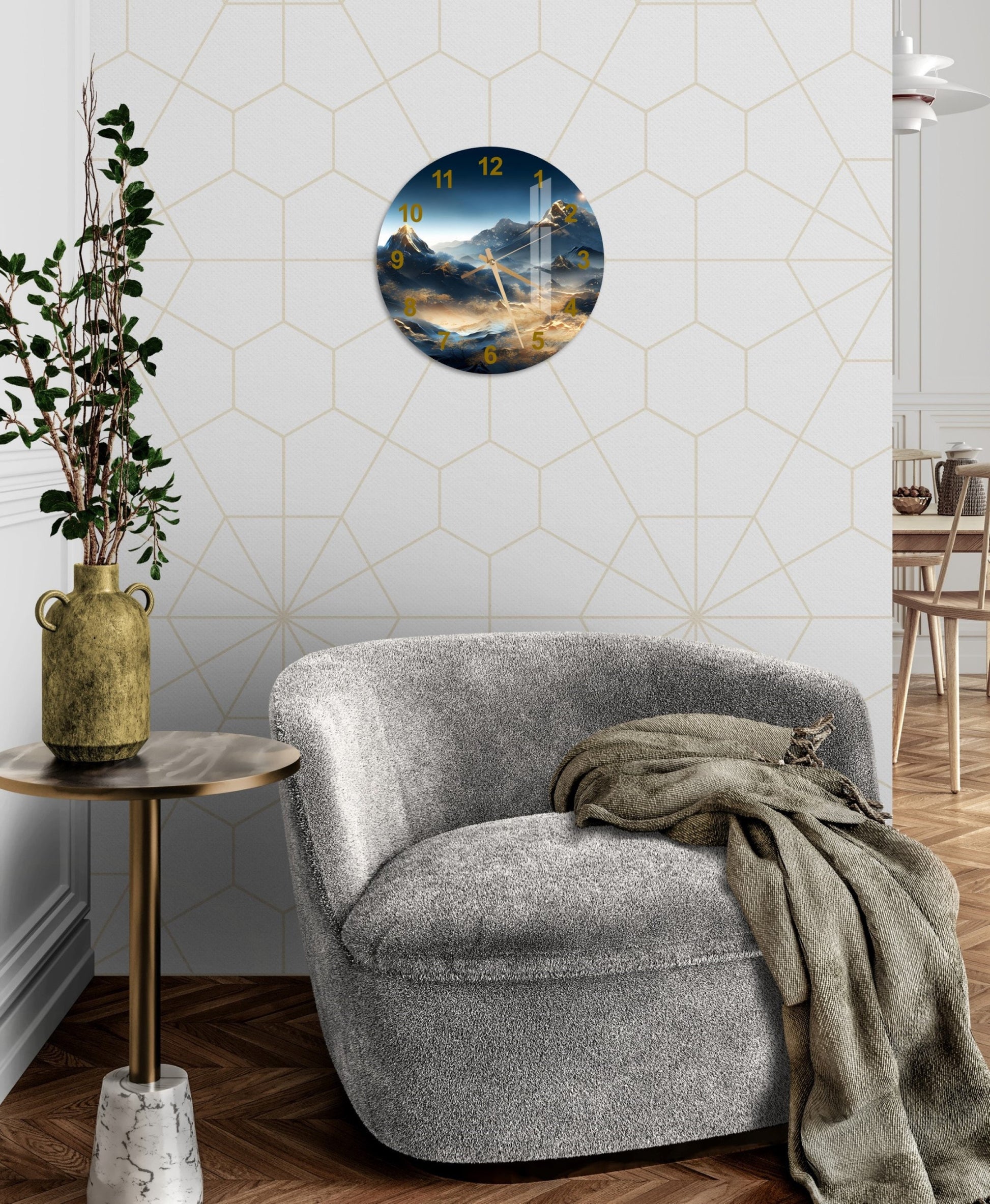 a living room with a couch and a clock on the wall