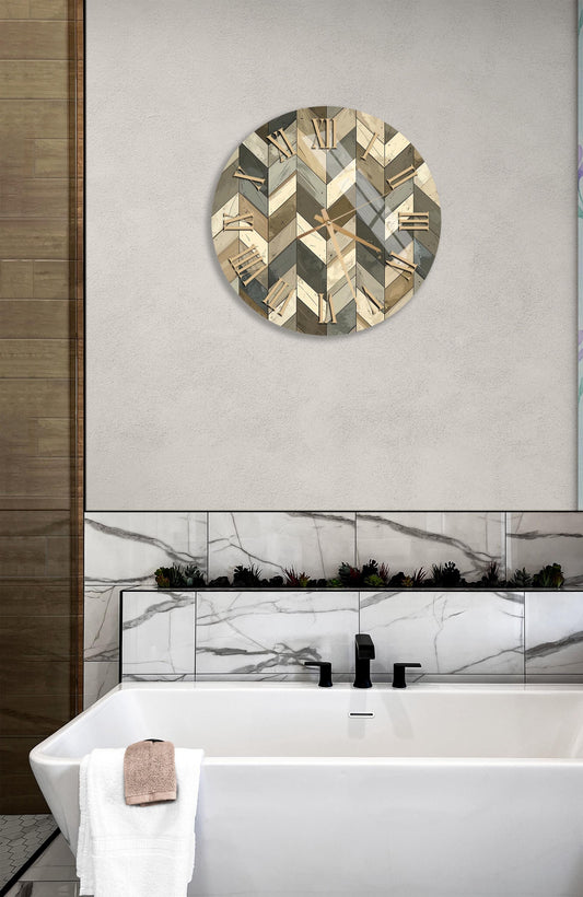 Tempered Glass Wall Clock – Large Chevron Pattern Clock | Rustic Beige Decor