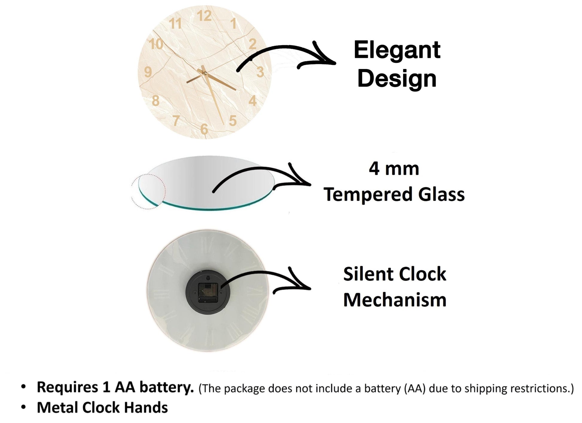 The image is a diagram that illustrates the features of a clock, including its design, materials, and mechanism.