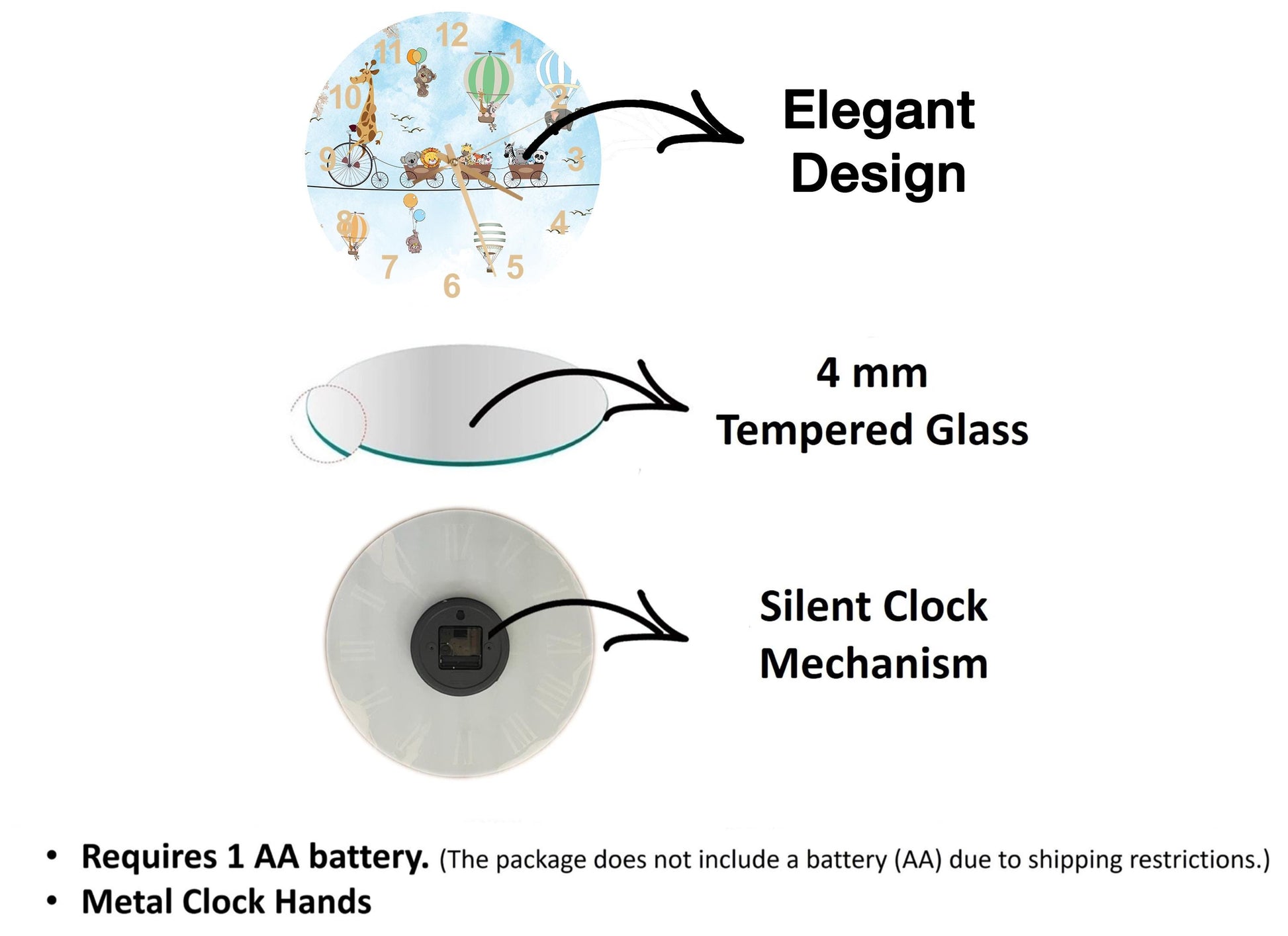 The image is a diagram that illustrates the features of a clock, including its design, size, and mechanism. It shows a 4 mm Tempered Glass clock, a silent clock mechanism, and a metal clock hand. The diagram also includes text that explains the features of the clock, such as the requirement of a 1 AA battery and the absence of a battery (AA) due to shipping restrictions.