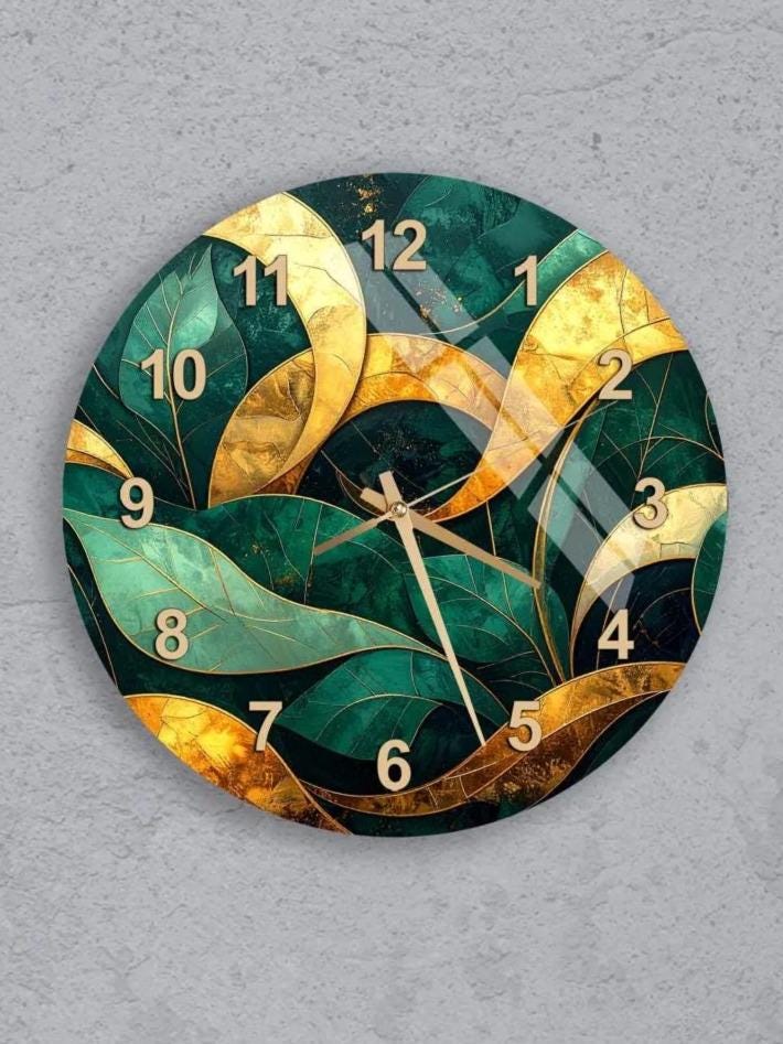 six circular wall clocks with green and gold designs, each displaying a different time.