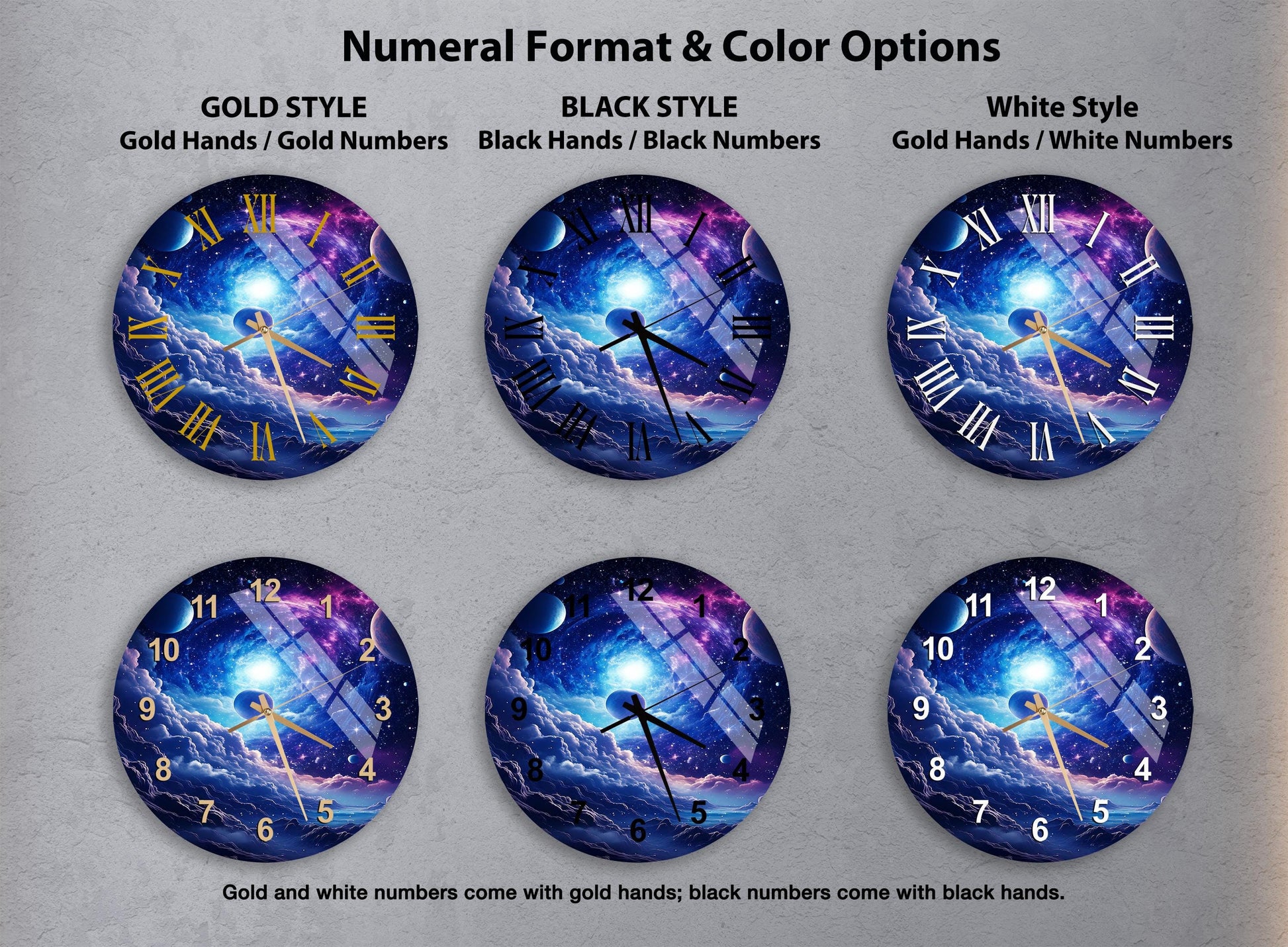 a set of four wall clocks with different designs