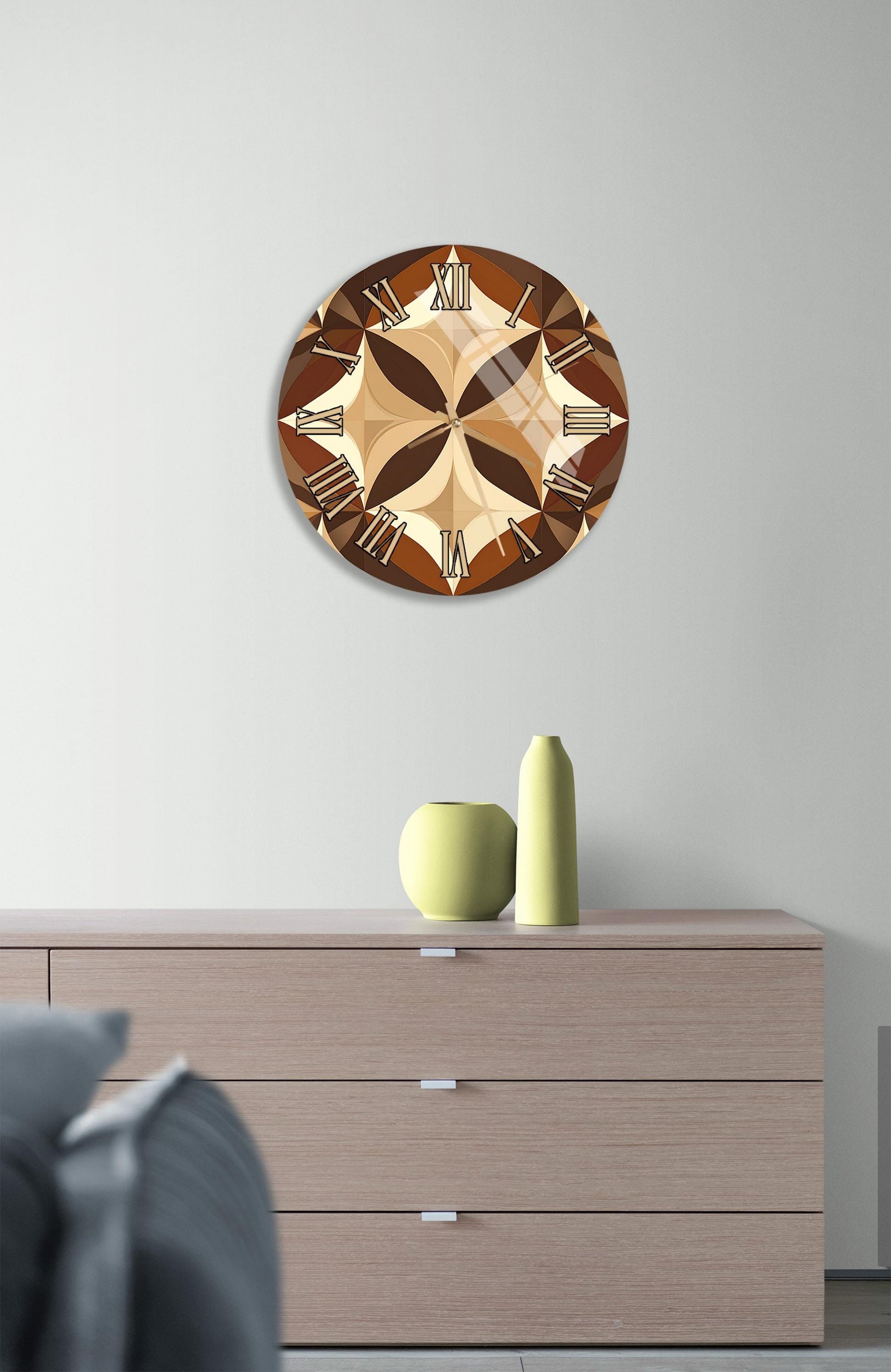 a modern living room with a wooden dresser, a decorative clock, and a vase on top of the dresser.