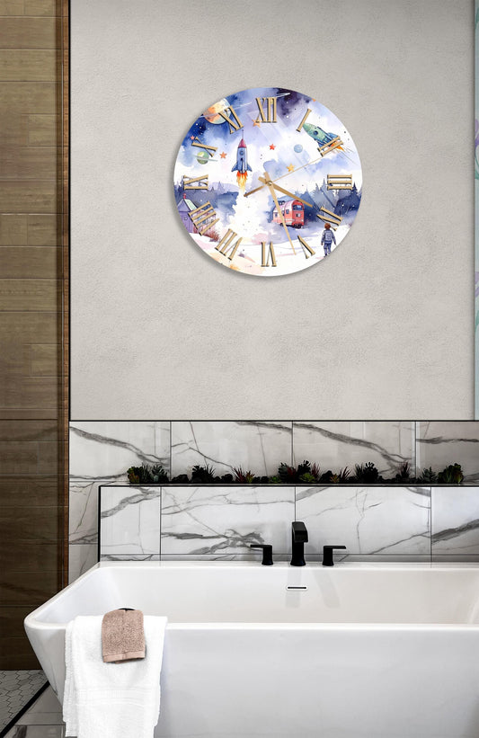 Tempered Glass Wall Clock - Watercolor Rocket Design | Kids Room Decor, Modern Home