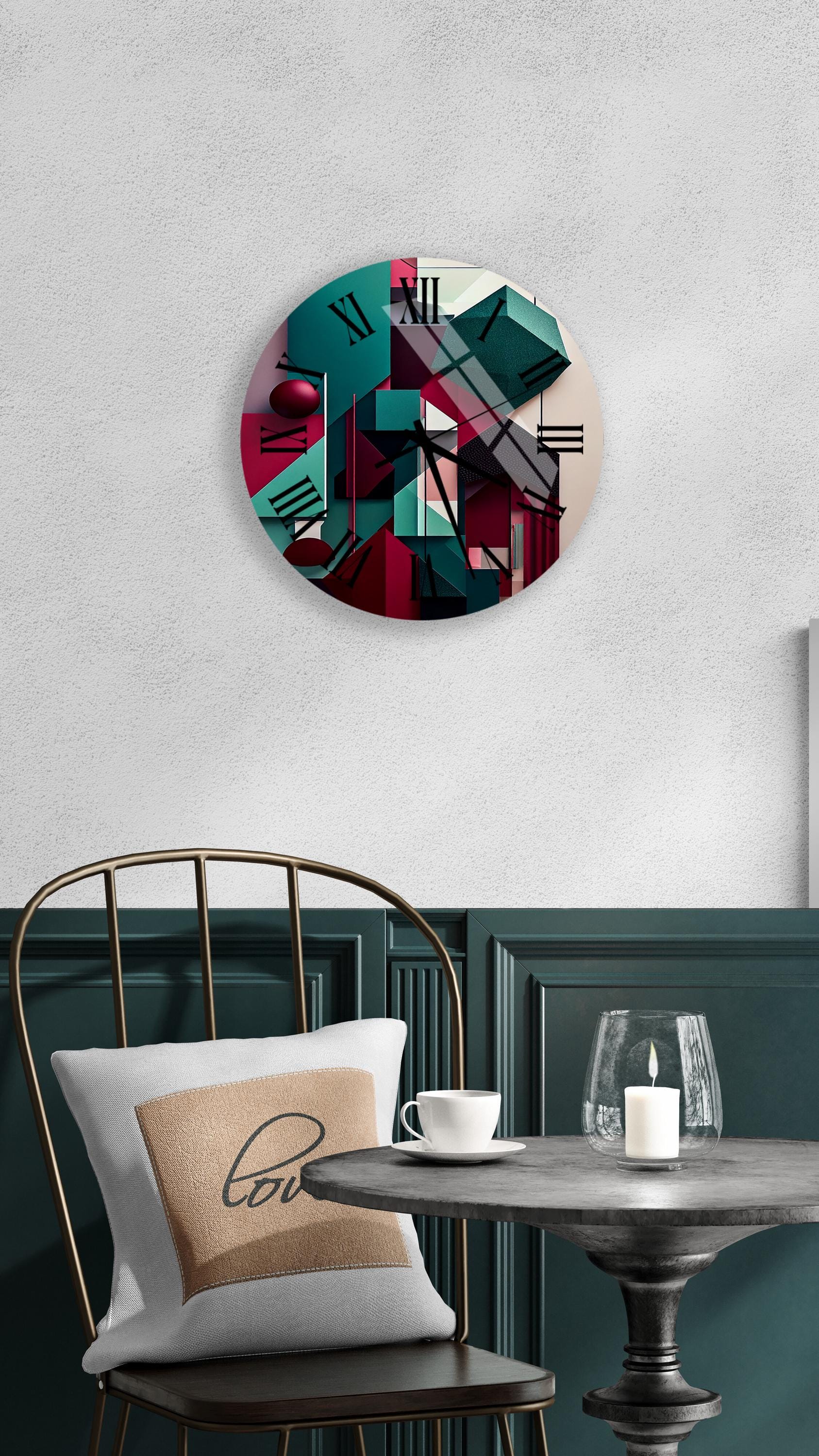 a table with a chair and a clock on the wall