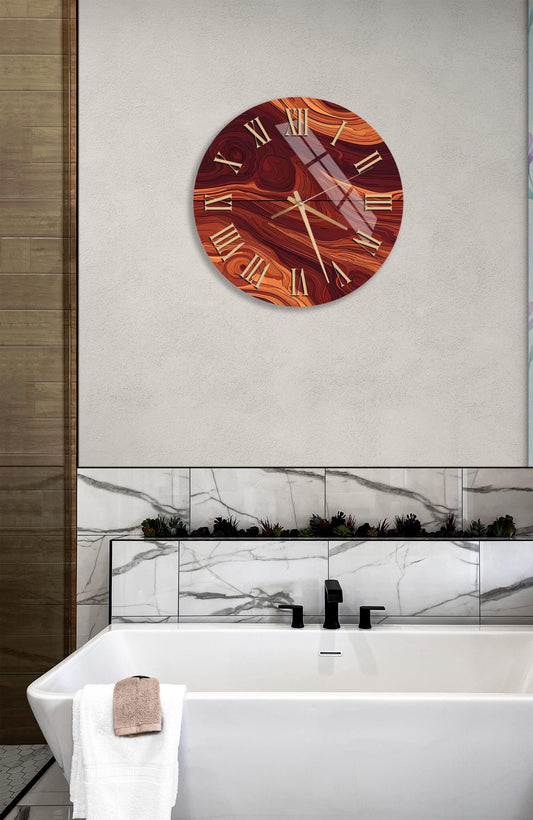 Tempered Glass Wall Clock – Wood Texture Clock, Brown Color, Silent Sweep