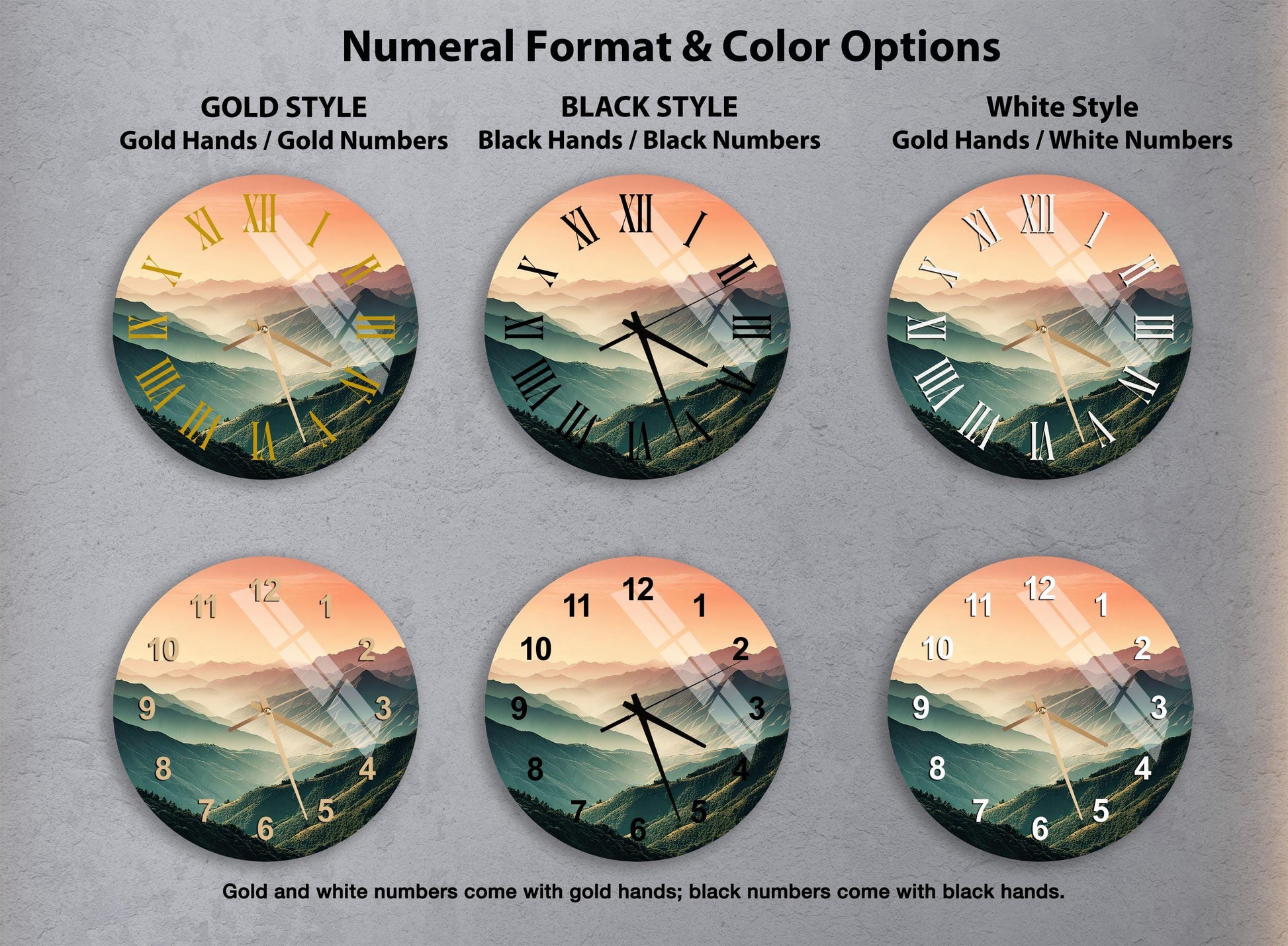 a set of four clocks with different designs on them