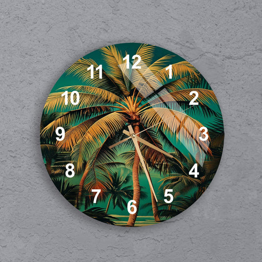 a clock with palm trees painted on it