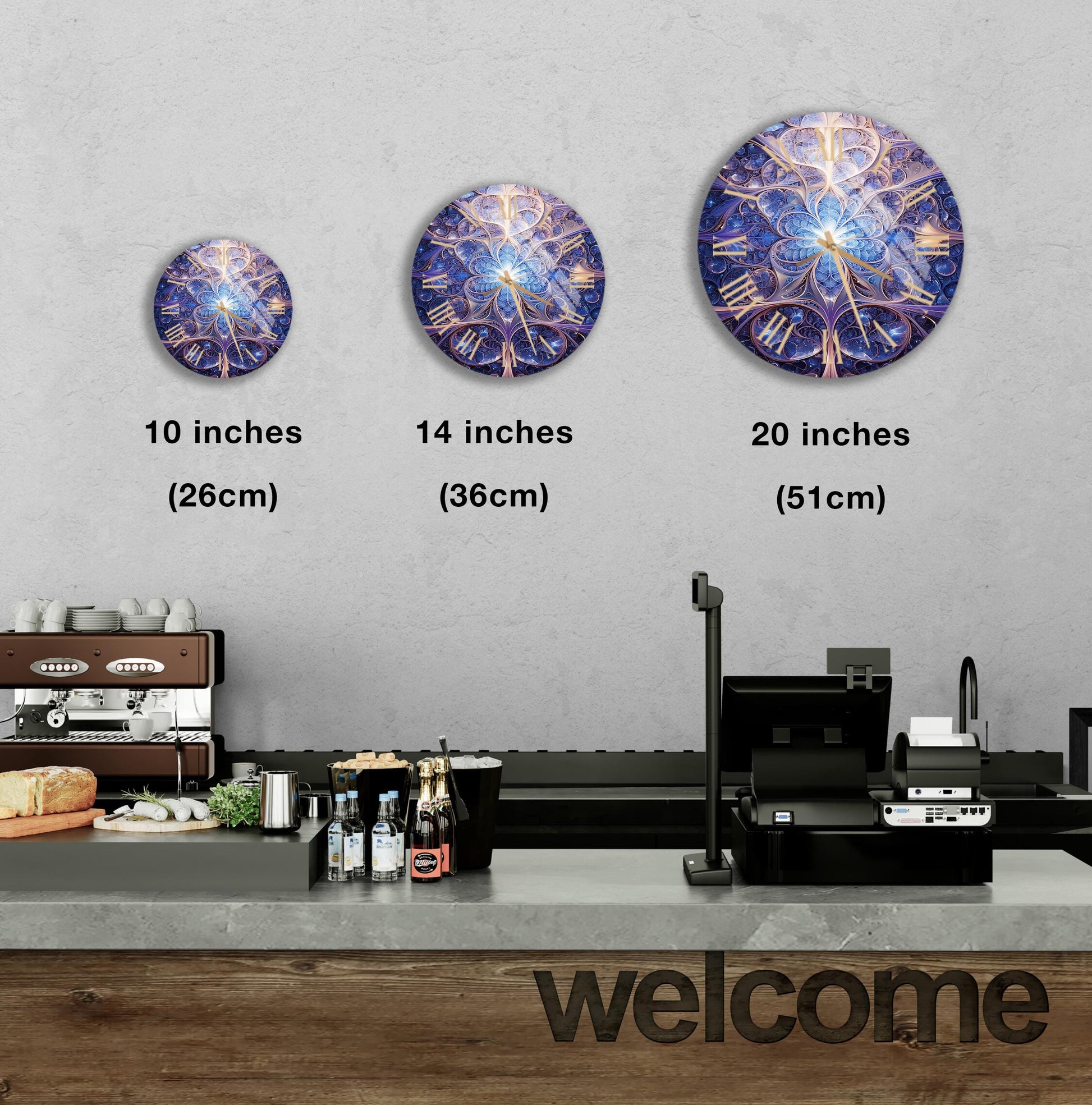 a kitchen counter with three clocks above it