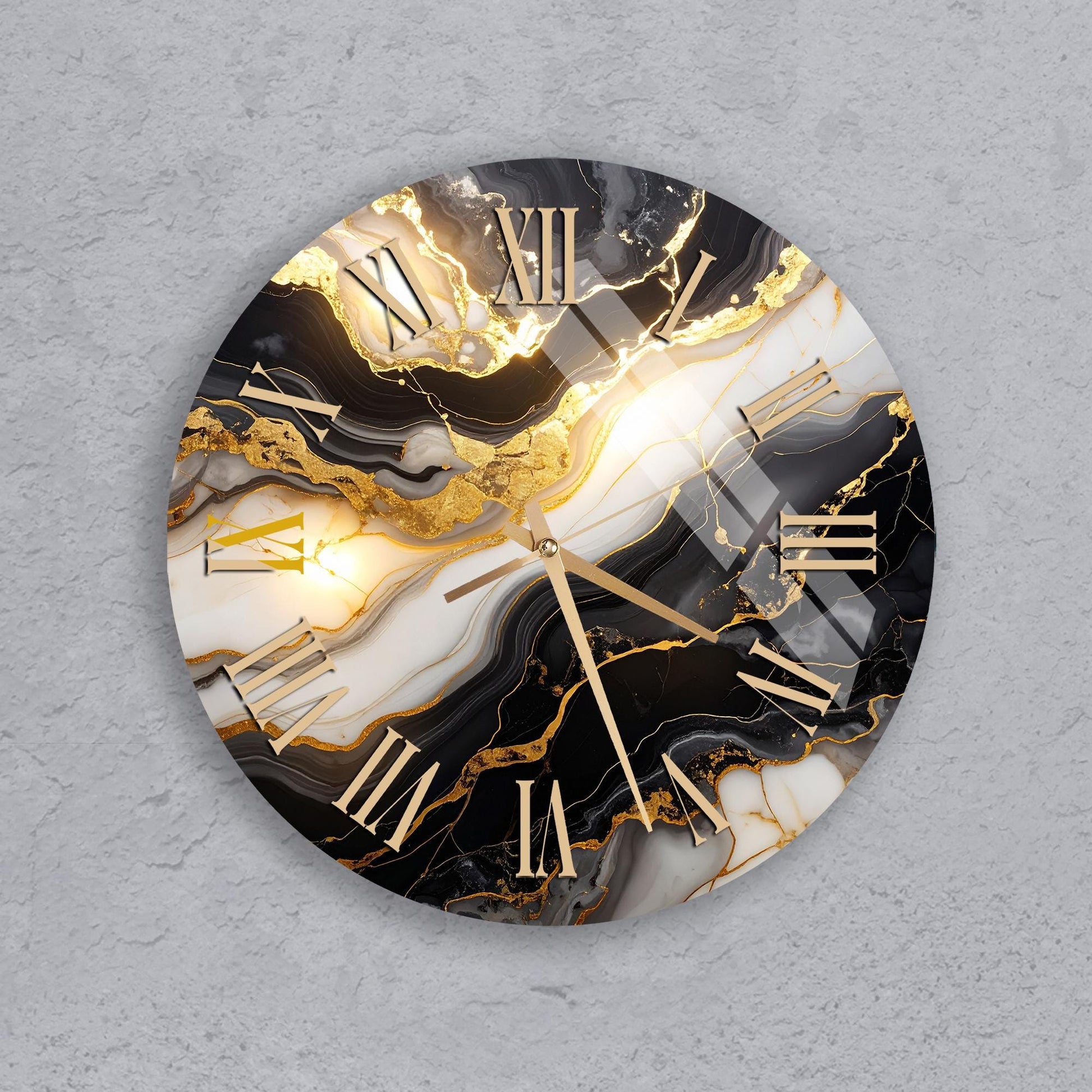 A round wall clock with a marble-like design featuring gold and black swirls and patterns.