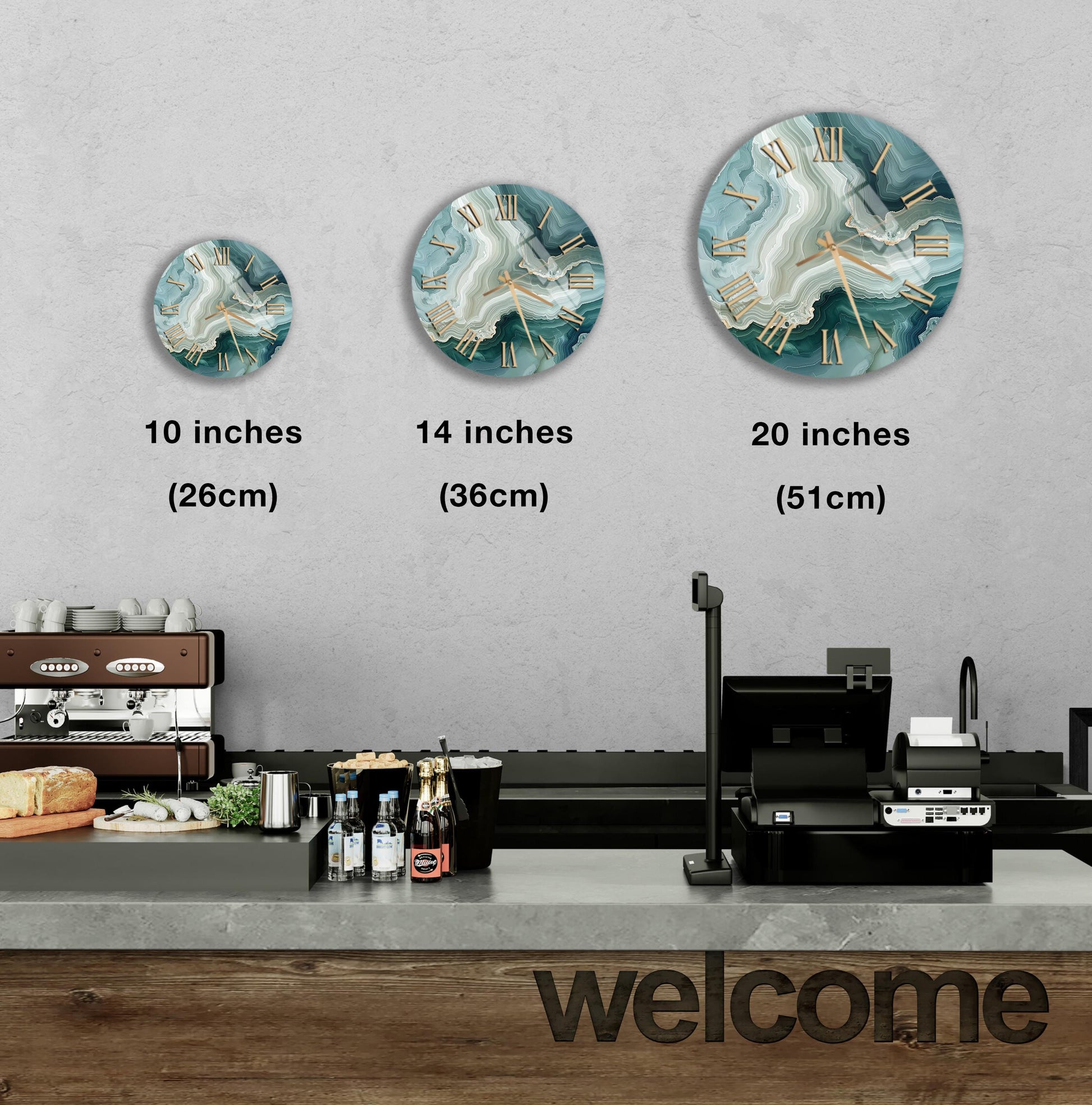 a wall clock with three different sizes, ranging from 10 inches to 20 inches, and a counter with a cash register and various items on it.