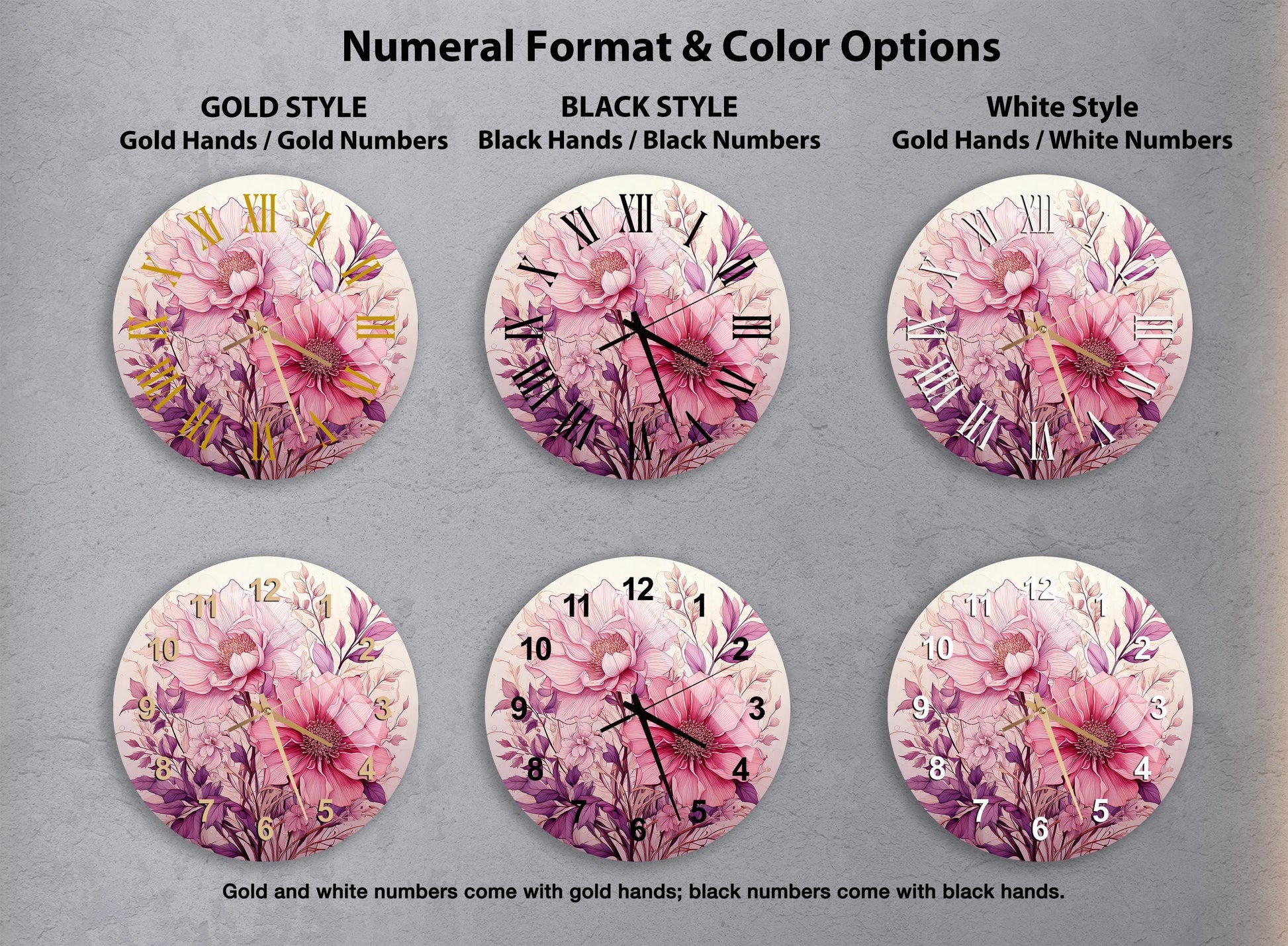 a set of four clocks with flowers painted on them