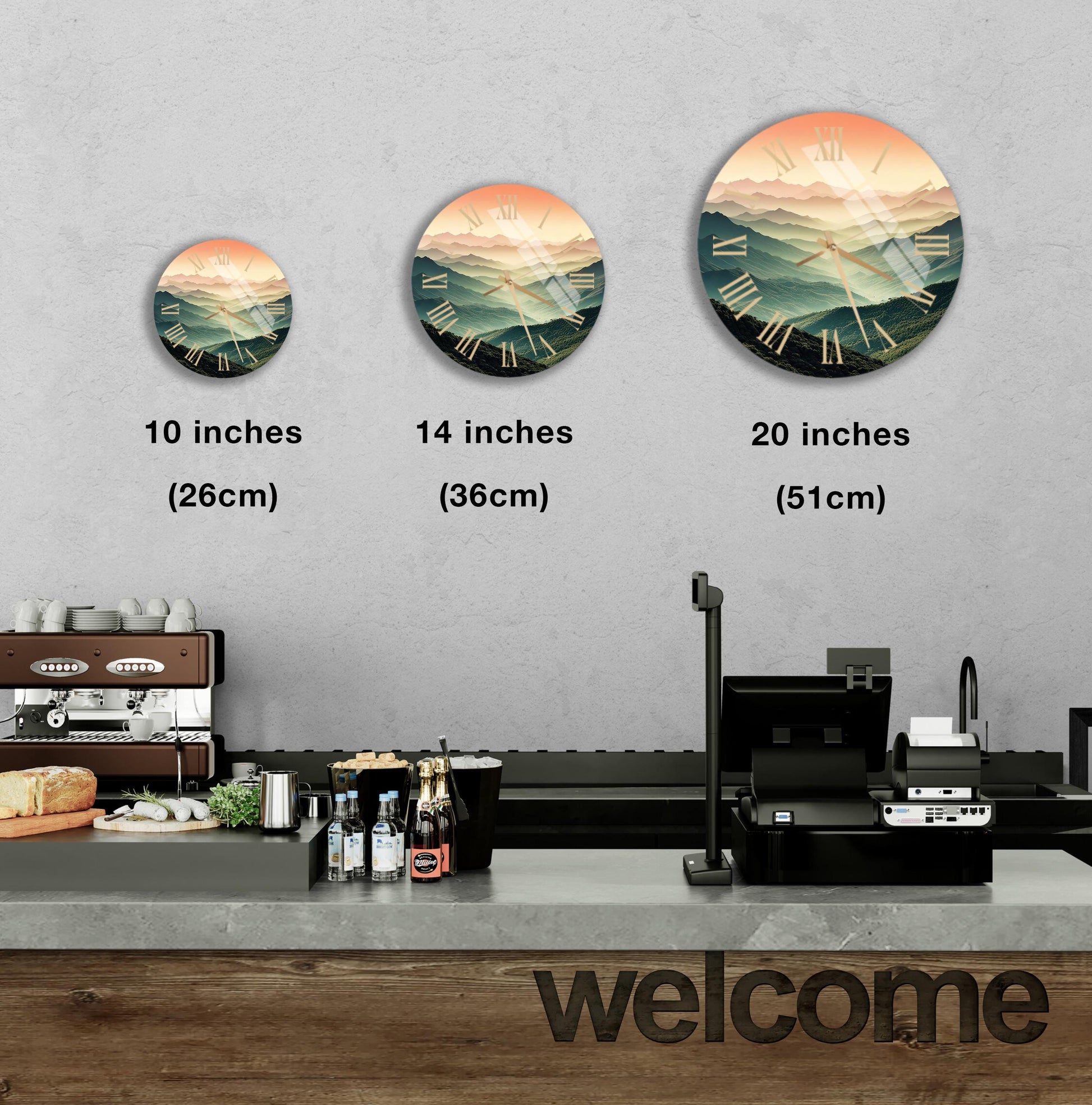 a coffee shop with three clocks on the wall