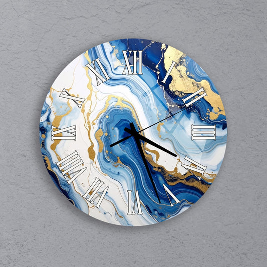 A round wall clock with a marble-style design featuring blue and white swirls and gold accents.