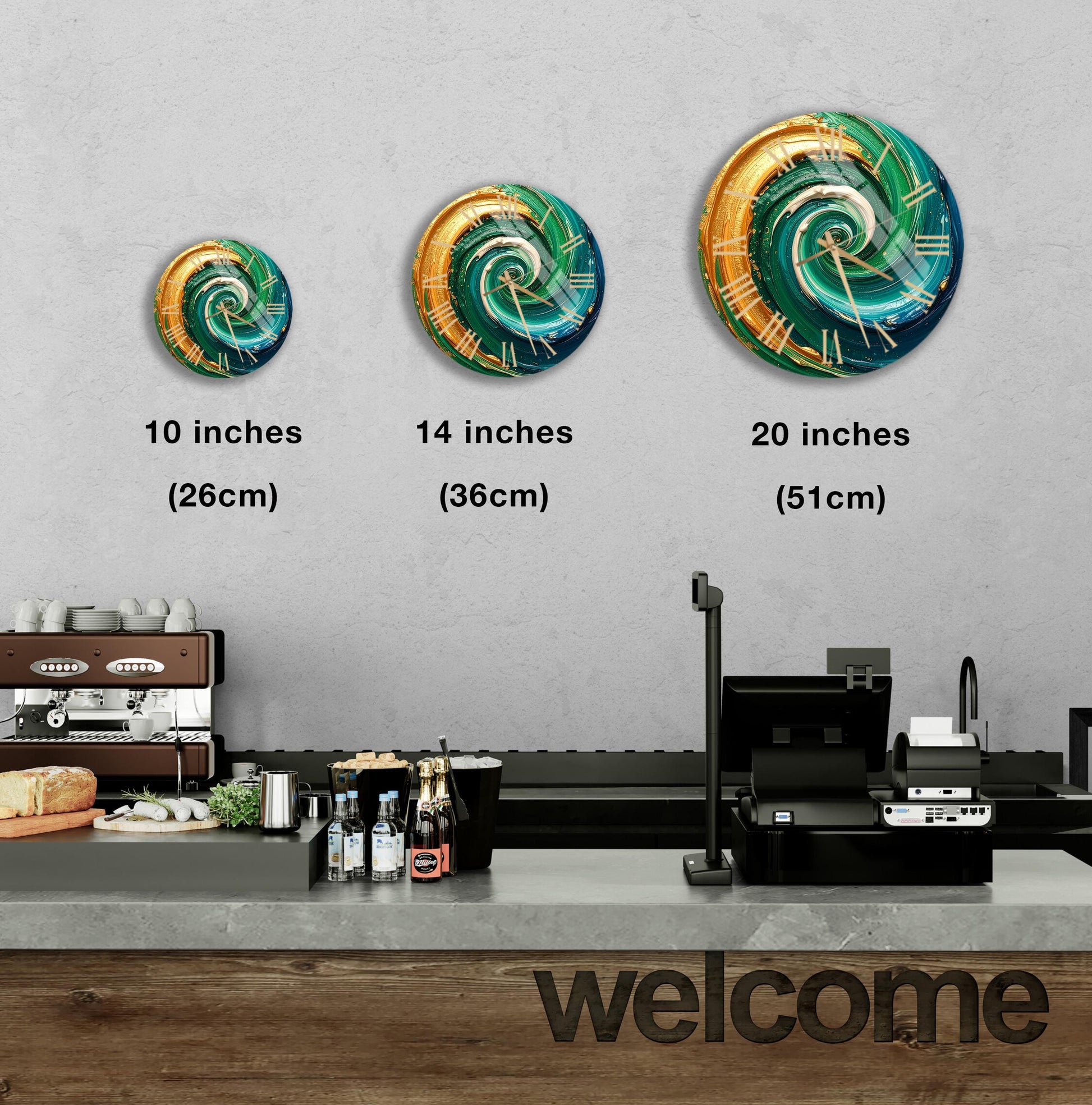 a counter in a restaurant with a welcome sign, and three different sizes of a spiral design on the wall above the counter.
