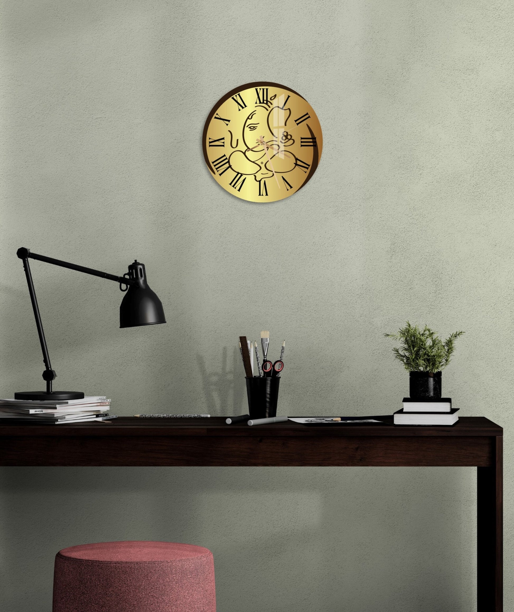 a desk with a chair and a clock on the wall