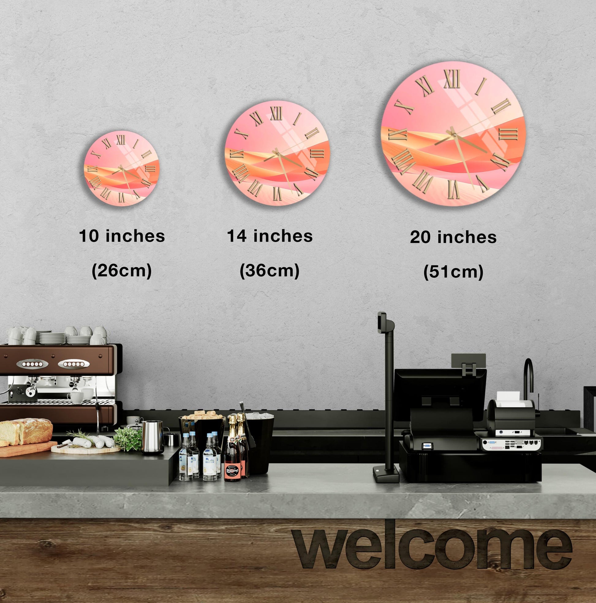 a counter with a cash register, a coffee machine, and a welcome sign. There are three clocks displayed on the wall, each with a different size and design.