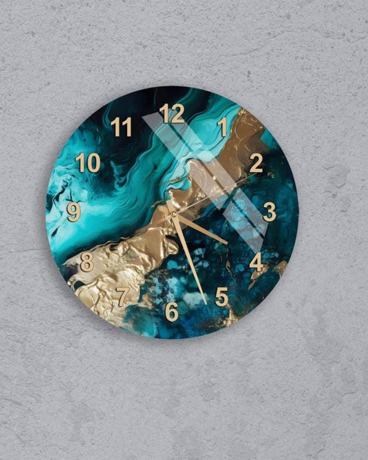 Modern Glass Wall Clock – Teal Gold Abstract Round Silent Quartz Timepiece