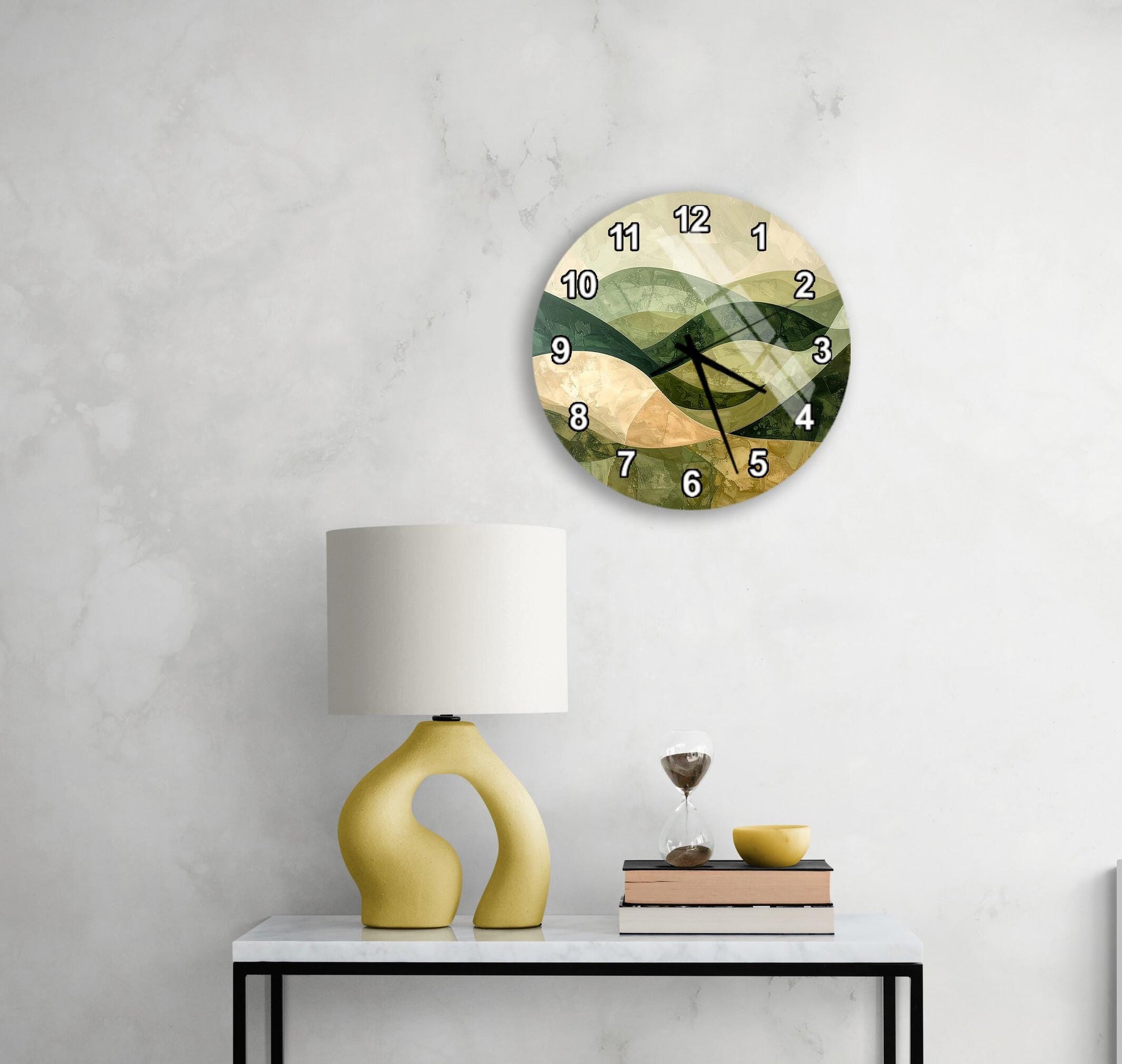 a modern living room with a round wall clock, a yellow lamp, a white table, and a stack of books.