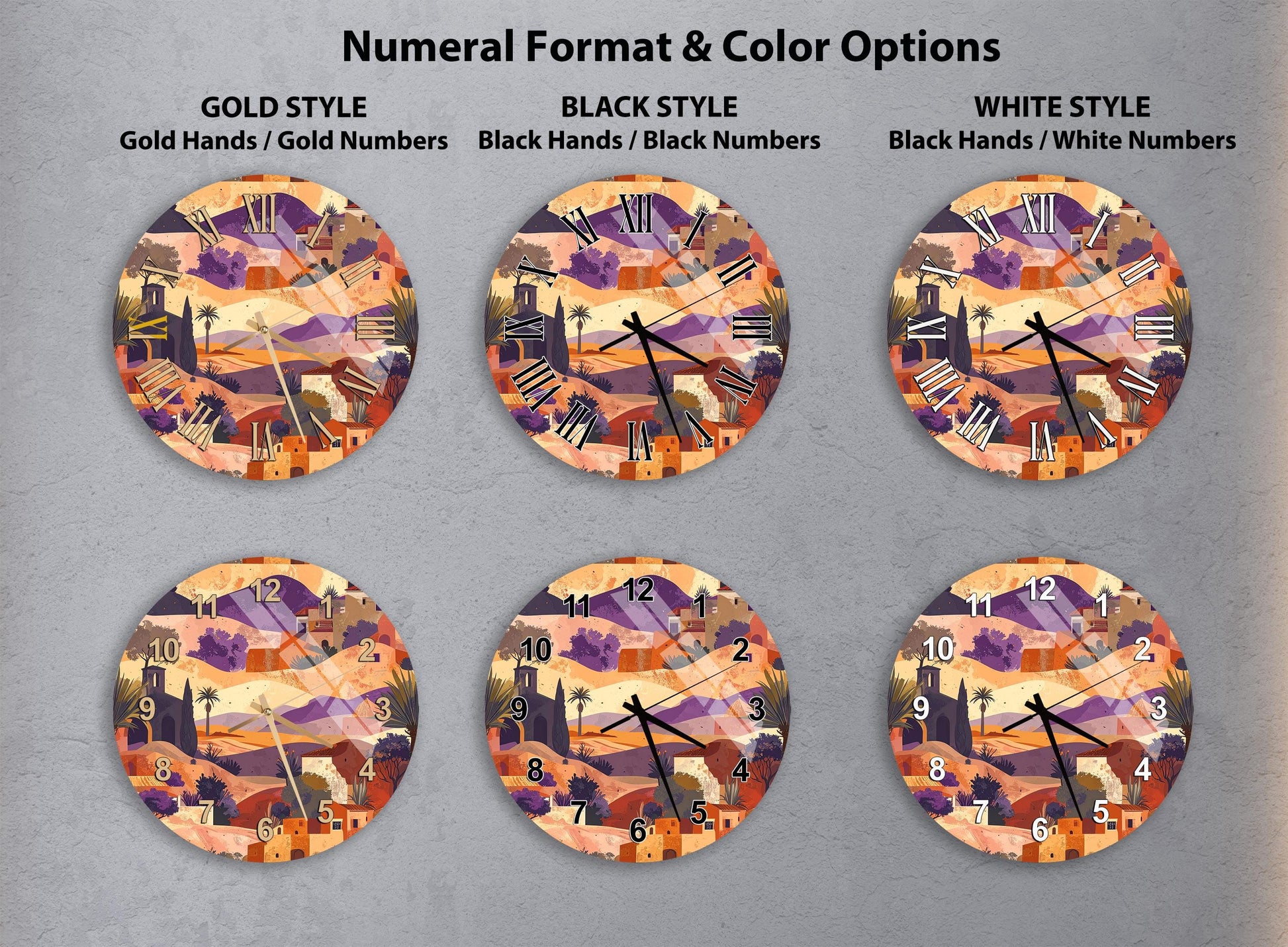 six different clock faces with various styles and color options, including gold, black, white, and black and white.