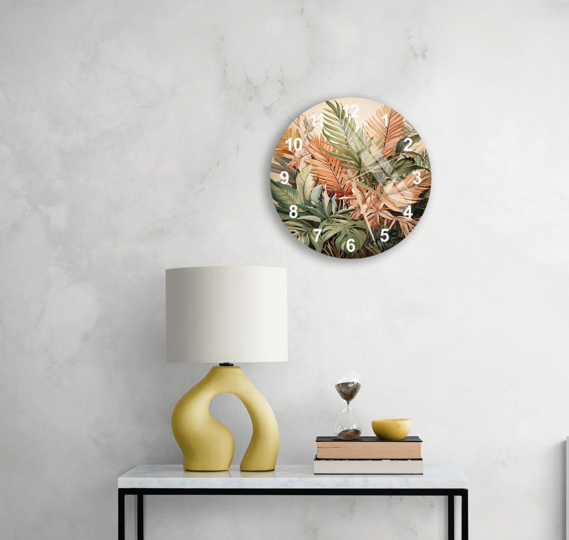 a table with a lamp and a clock on it