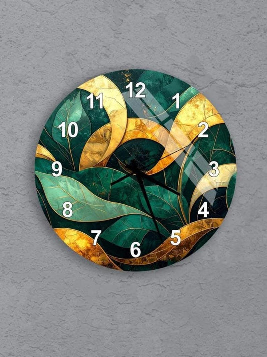 six circular wall clocks with green and gold designs, each displaying a different time.