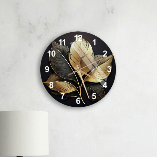 Tempered Glass Wall Clock - Black Gold Floral Design | Silent, Scratch Resistant