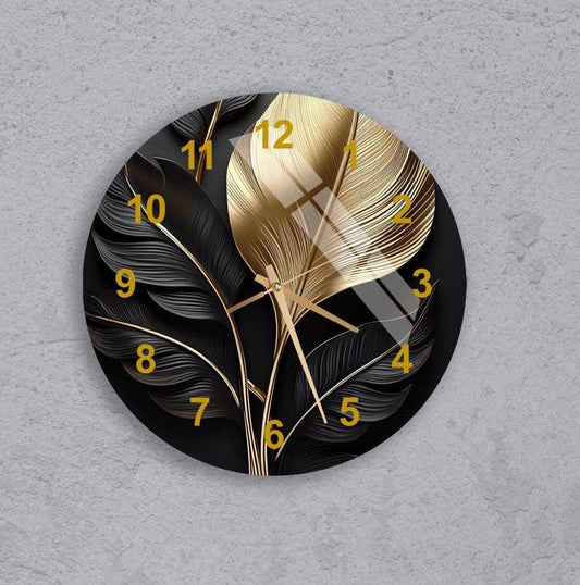 Tempered Glass Wall Clock – Gold Leaf Floral Black & Gold Silent Modern Decor