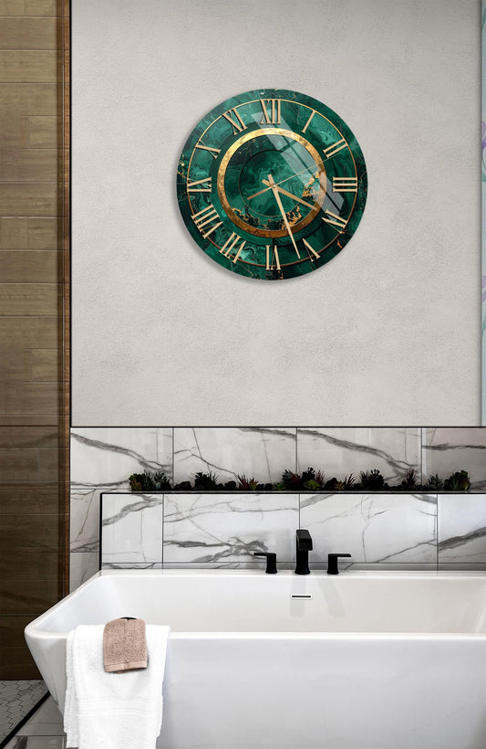 Tempered Glass Wall Clock – Emerald Gold Decor, Silent Modern Art Clock, 4mm Glass