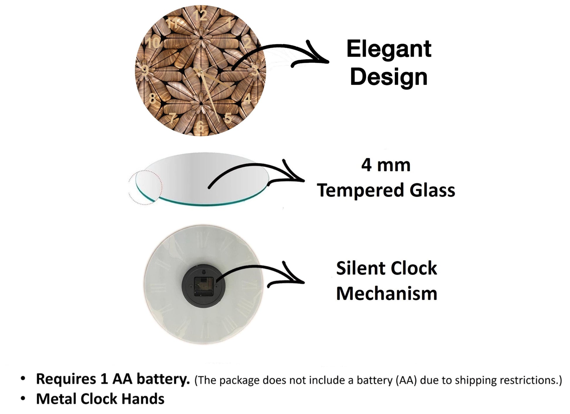 The image is a diagram that illustrates the features of a clock mechanism, including a 4 mm Tempered Glass lens, a silent clock mechanism, and metal clock hands.