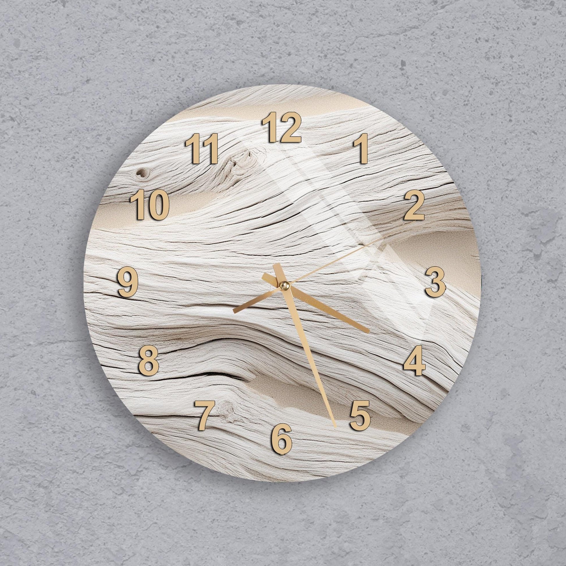 A wall clock with a wooden texture design, featuring numbers and hands on a gray background.