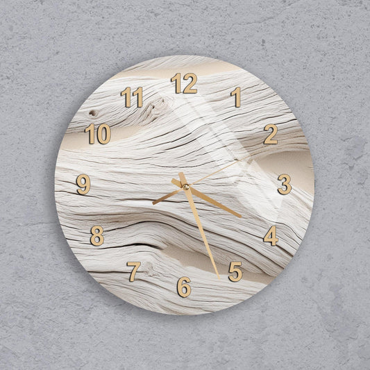 A wall clock with a wooden texture design, featuring numbers and hands on a gray background.