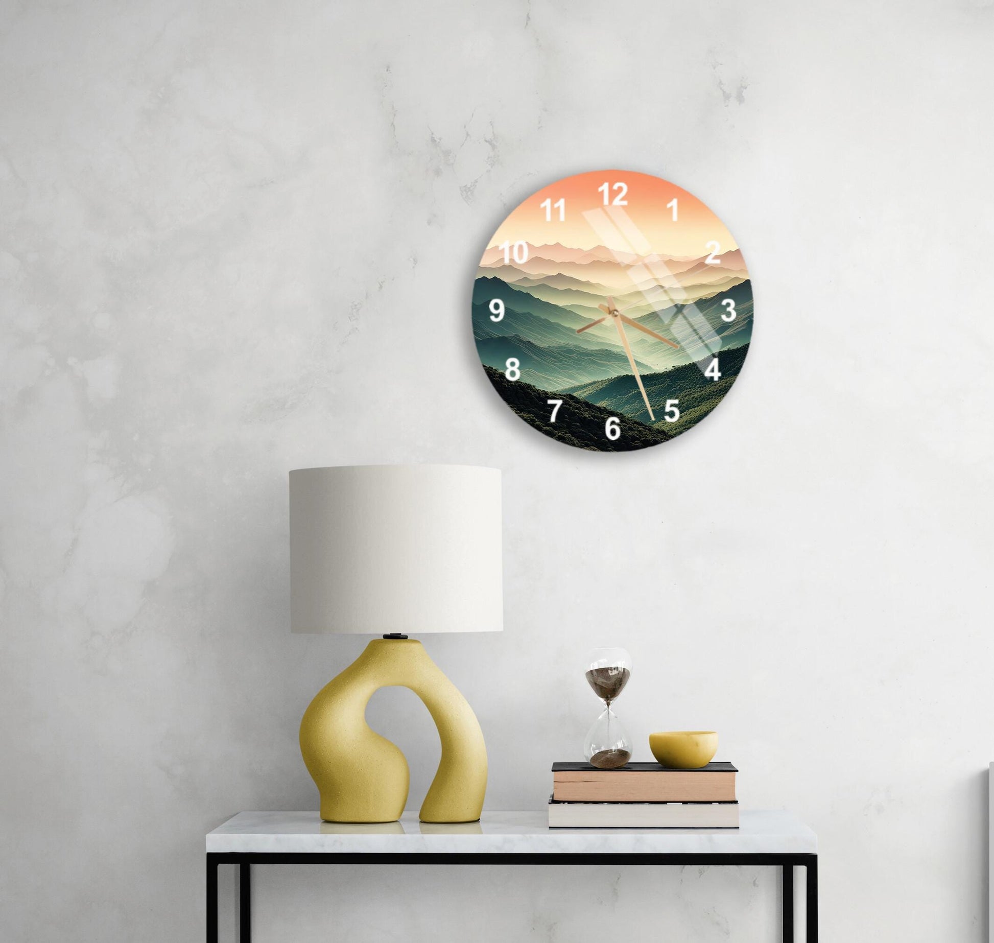 a table with a lamp and a clock on it