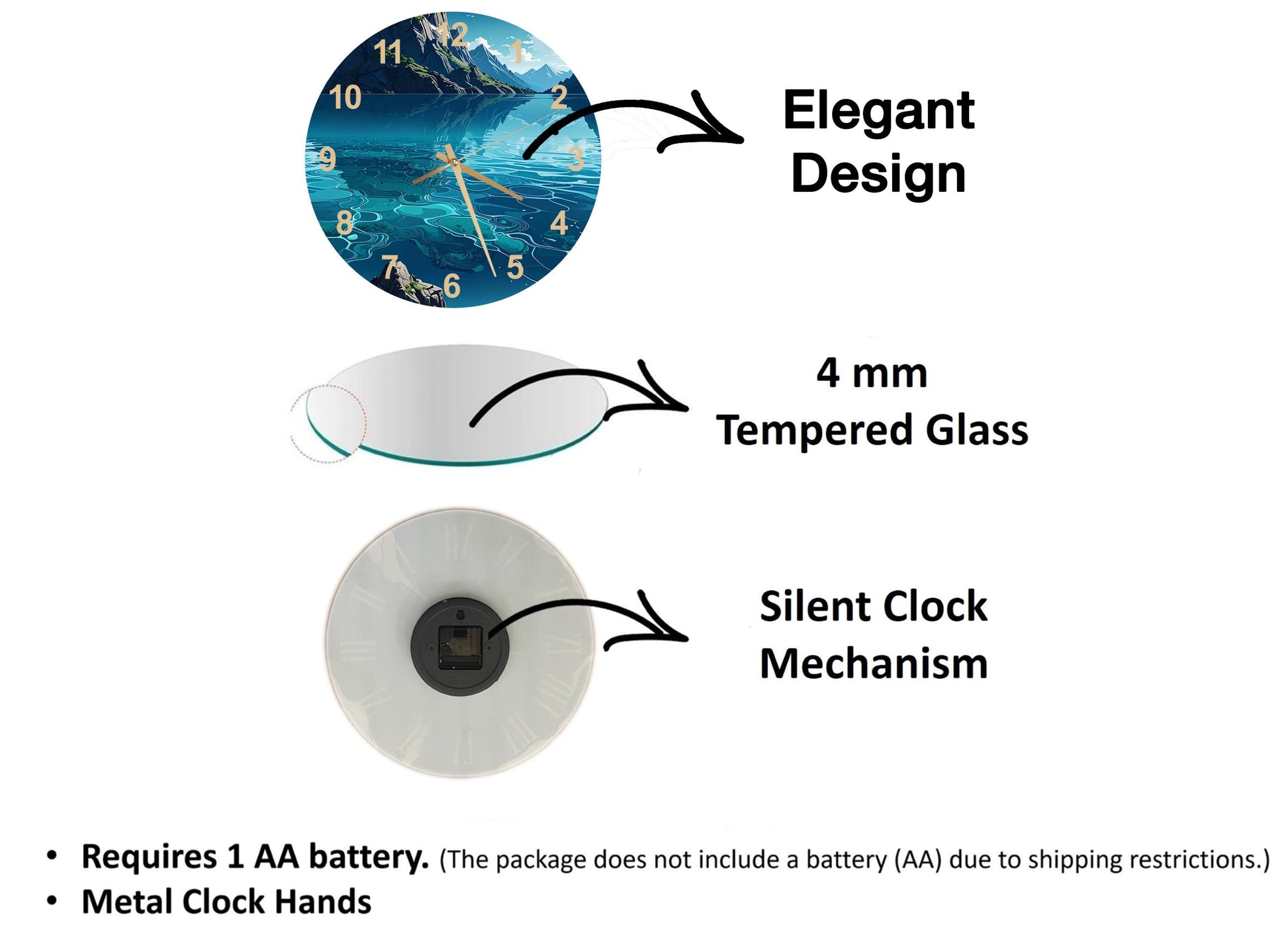 The image is a 3D rendering of a clock with a glass face, accompanied by text describing the clock's features and specifications.