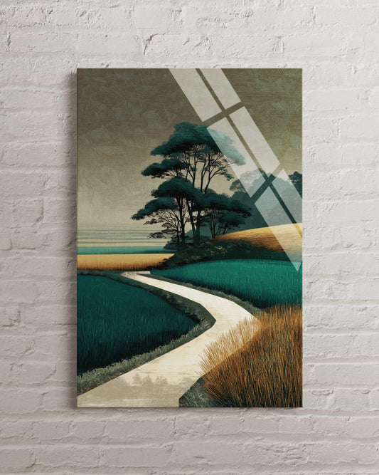 Tempered Glass Wall Art – Modern Japanese Landscape With Teal Gold Abstract Scenic Poster