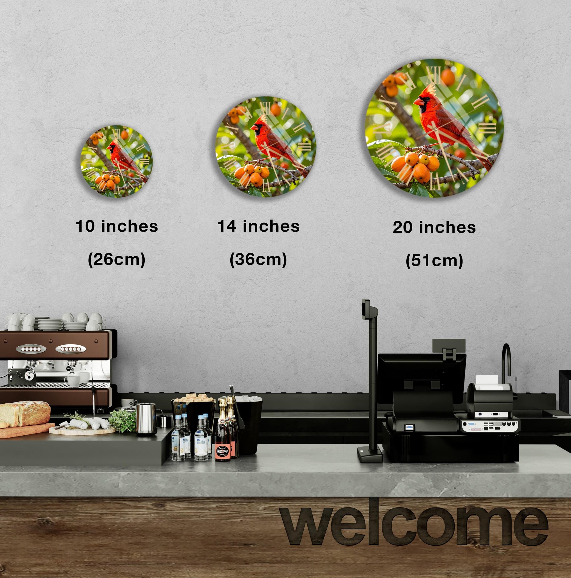 a counter with various items, including bottles, a cash register, and a sign that says "welcome". There are three different sizes of round plates with images of birds, likely representing different bird species. The image is a collage of multiple images, and the descriptions provided should not be used to describe each individual image.